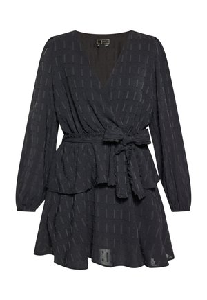 Black wrap dress with long sleeves, textured fabric featuring a vertical pattern, peplum waist, and a tied belt at the waist.