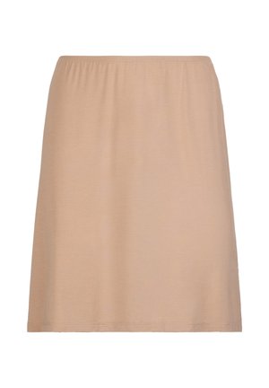 Jupe beige longueur genou avec taille élastique, tissu lisse et design simple.