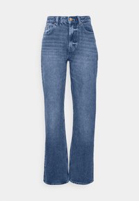 Jeans de ganga azuis em corte flare com uma cintura alta, apresentando cinco bolsos, fecho com botão e um desvanecimento subtil no tecido.