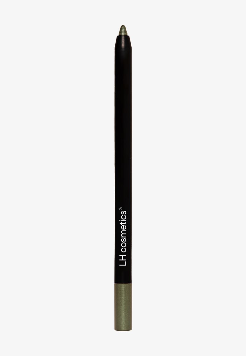 Czarny ołówek z metalicznie zielonym końcem, charakteryzujący się gładką konstrukcją korpusu oraz białym nadrukiem, który brzmi "LH cosmetics."