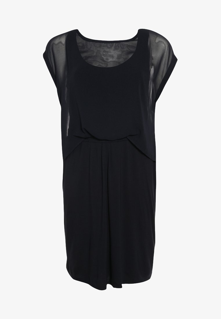 Robe noire avec un col rond et des manches courtes en voile. Présente une coupe ample et un détail froncé à la taille, fabriquée en tissu léger.