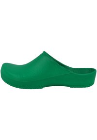 Green rubber clog with a smooth texture, rounded toe, open back, and contoured footbed. "Birkenstock" logo is embossed on the side.