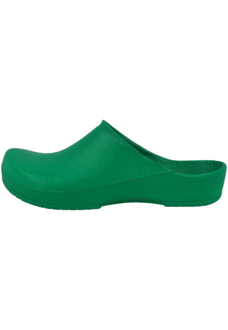 Green rubber clog with a smooth texture, rounded toe, open back, and contoured footbed. "Birkenstock" logo is embossed on the side.