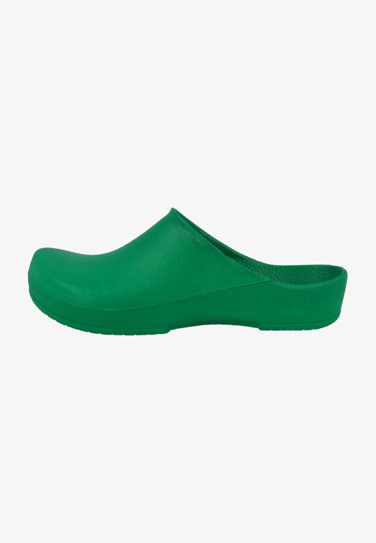 Green rubber clog with a smooth texture, rounded toe, open back, and contoured footbed. "Birkenstock" logo is embossed on the side.