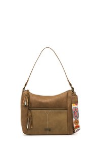 Bolso de mano de cuero marrón con textura suave, que cuenta con un bolsillo frontal con cremallera, borlas y una correa colorida con estampado.