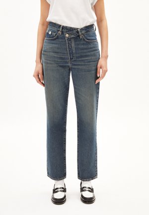 Dunkelblaue Jeans aus Denim mit hoher Taille, geradem Bein und dezenter Ausbleichung. Verfügt über einen Metallknopf und das klassische Fünf-Taschen-Design.