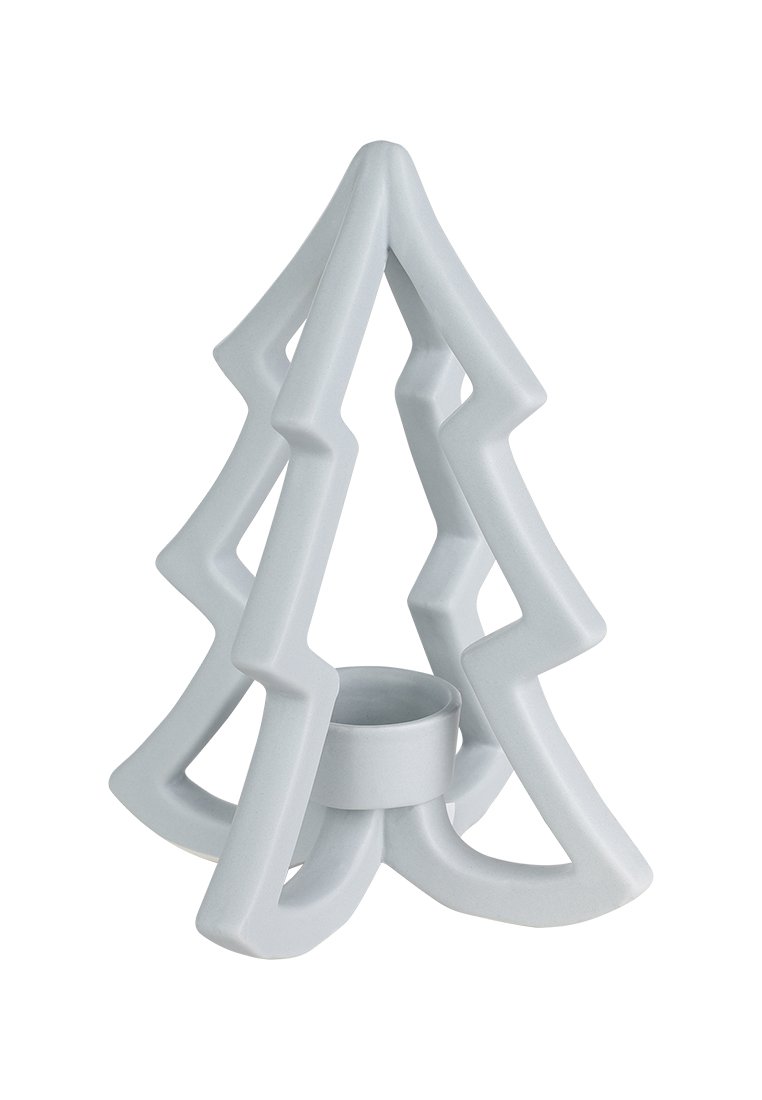 Weißer Kerzenhalter aus Keramik, gestaltet wie ein Weihnachtsbaum mit angularen Ausschnitten und einer zentralen Vertiefung für Teelichter oder Kerzen.