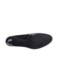 Chaussure en cuir noir à enfiler avec une surface lisse, un bout arrondi et un talon profilé. La semelle en caoutchouc texturée présente un motif pour une meilleure adhérence.