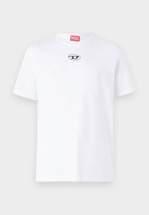 Balta medvilnės marškinėliai su trumpomisRankovėmis, apvaliu iškirpimu ir sidabriniu "Diesel" logotipo pažymėjimu ant krūtinės. Paprastas dizainas, vienos spalvos.