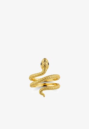 Goldener Schlangenring mit strukturiertem Körper, gewundenem Design und gemustertem Kopf. Die Augen sind schwarz betont, was die Details hervorhebt.