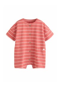 Korálovo ružový detský overal s bielymi horizontálnymi pruhmi, prednými gombíkmi, krátkymi rukávmi, dvoma prednými vreckami a patentmi na spodnej strane.
