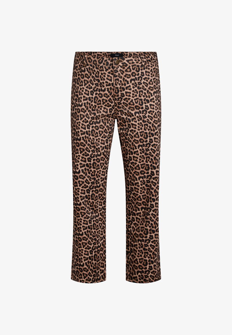 Pantalons en imprimé léopard beige avec des taches noires. Coupe classique avec une jambe droite et fermeture à bouton. Tissu en mélange de coton.