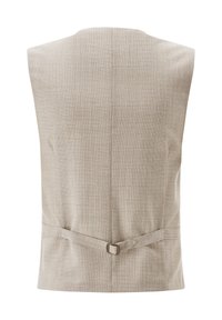 Beige ärmellose Weste aus strukturiertem Stoff, mit einem Rückengurt und einem geraden Saum, minimalistisches Design. Nur Rückansicht.