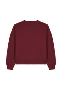 Bordeaux lange mouwen crewneck sweatshirt met geribbelde manchetten en zoom, van achteren weergegeven op een witte achtergrond.