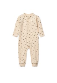 Body en beige clair pour bébé avec des manches longues, présentant un motif de cerises répété, fermeture à pression à l'avant et poignets côtelés. Fabriqué en tissu doux.