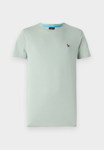 Light green cotton t-shirt with short sleeves, round neckline, and a small multi-colored zebra logo on the left chest.
