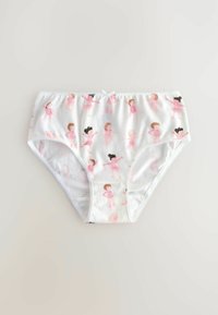 Sous-vêtements en coton avec une base blanche ornée d'imprimés de ballerines roses et d'un nœud décoratif. Bordés de dentelle le long de la taille.