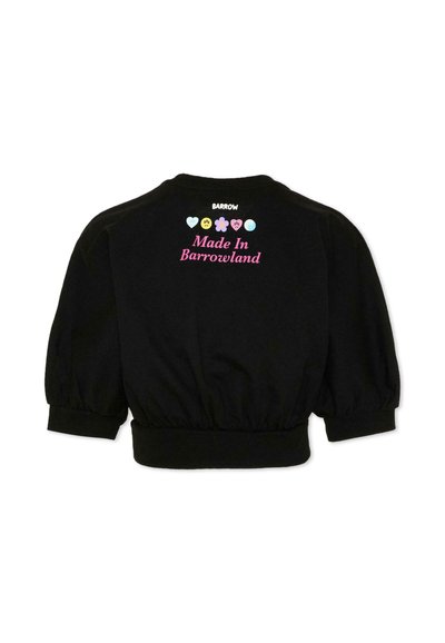 Chemise noire à manches longues avec poignets et ourlet élastiques, texte au dos "Made In Barrowland", nom de la marque "Barrow", et icônes pastel de cœur, smiley et fleur.