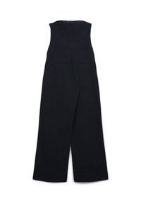 Tuta nera con corsetto aderente senza spalline, design a gamba larga e due tasche posteriori. Tessuto liscio senza chiusure o fantasie visibili.