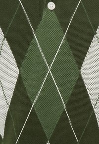 Grüner und weißer Argyle-Musterpullover mit strukturiertem Strick, ausgestattet mit einem Rundhalsausschnitt und einem weißen Knopf am Kragen.