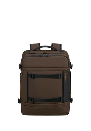Brauner rechteckiger Rucksack mit zwei schwarzen verstellbaren Tragegurten, oberem Griff, Reißverschlussfächern und Samsonite-Logo auf der rechten Seite.