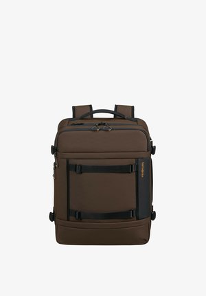 Brown rectangular backpack with two black adjustable straps, top handle, zipper compartments, and Samsonite logo on the right side.