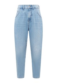 Light blue high-waisted jeans with a tapered leg, front button closure, and minimalist design. Features belt loops and classic denim texture.