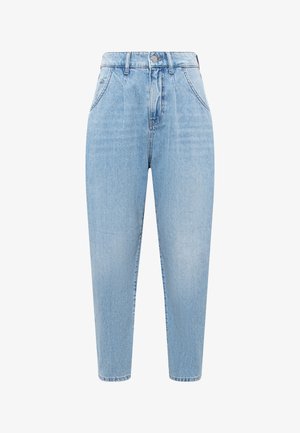 Light blue high-waisted jeans with a tapered leg, front button closure, and minimalist design. Features belt loops and classic denim texture.