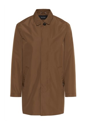 Smeđa vodootporna jakna s ovratnikom, zatvaranjem na gumbe sprijeda i dvije bočne džepove. Glatka tekstura i krojeni kroj.