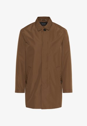 Smeđa vodootporna jakna s ovratnikom, zatvaranjem na gumbe sprijeda i dvije bočne džepove. Glatka tekstura i krojeni kroj.