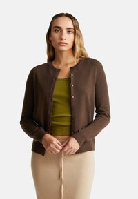 Brązowy kaszmirowy kardigan z okrągłym dekoltem, zapinany na guziki, z prążkowanymi mankietami, nałożony na zielony top i beżową spódnicę. Miękka tekstura.