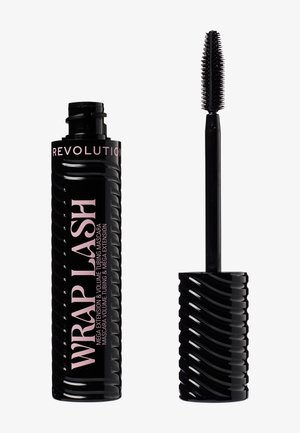 Tube de mascara « Wrap Lash » noir avec texte rose, ouvert à côté de la baguette avec une brosse à poils denses.