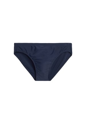 Bikini-Hosenteil in Marineblau aus glattem, dehnbarem Stoff. Mit einem mittel hohen Bund und weichen elastischen Nähten für Komfort.