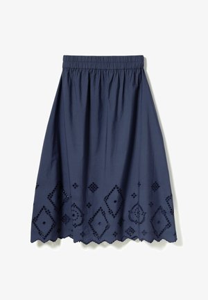 Navy blue A-line skirt with elastic waistband and decorative cut-out diamond and floral patterns along the scalloped hem.