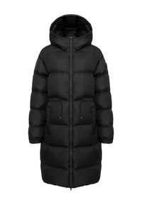 Sort lang vatteret jakke med hætte, quiltet design, lynlås foran og to sidelommer. Har elastiske snore i taljen.