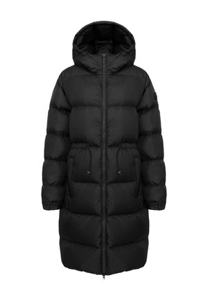 Cappotto imbottito lungo nero con cappuccio, design trapuntato, chiusura anteriore con cerniera e due tasche laterali. Presenta coulisse elastiche in vita.