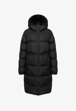 Abrigo largo negro acolchado con capucha, diseño acolchado, cierre frontal con cremallera y dos bolsillos laterales. Cuenta con cordones elásticos en la cintura.