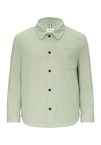 Hellgrünes Flanellhemd mit langen Ärmeln, durchgehender Knopfleiste, spitzem Kragen, einer Brusttasche und schwarzen Knöpfen für den Kontrast.