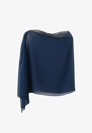 Eșarfă asimetrică transparentă bleumarin, cu un drapaj moale și o parte mai lungă care atârnă în stânga.