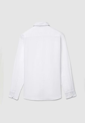 weißes Langarmhemd mit klassischem Kragen, glatter Textur und geknöpften Manschetten. Rückansicht zeigt ein schlichtes Design ohne Verzierungen.