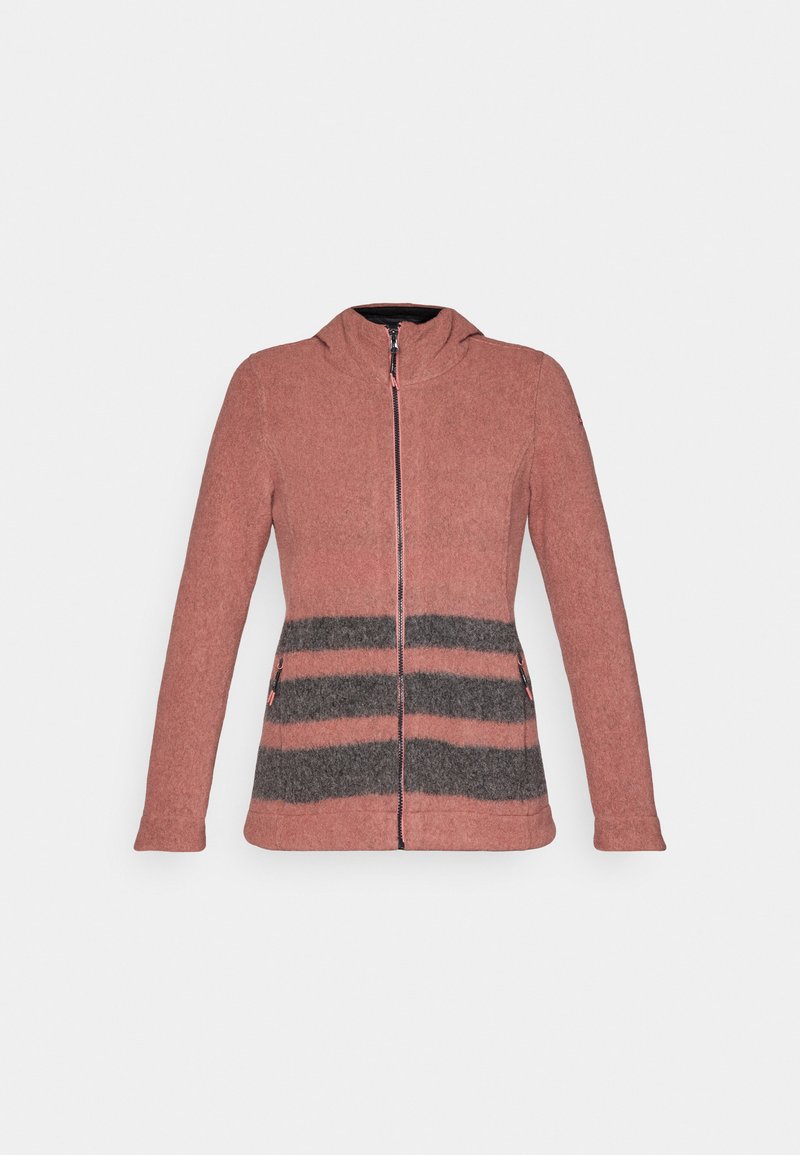 Giacca in pile color rosa polveroso con una sezione centrale a strisce grigie, zip frontale e due tasche laterali. Presenta un cappuccio e maniche lunghe.