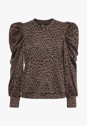 Pullover a stampa leopardata in tonalità marroni. Presenta maniche lunghe a palloncino, collo rotondo e orlo a costine. Texture del tessuto morbida.