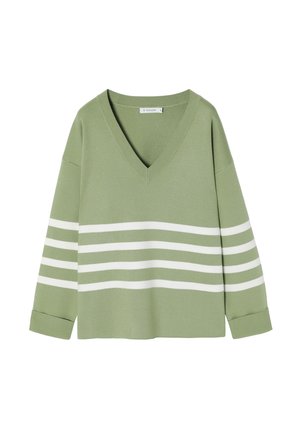 Green v-neck sweater with long sleeves, featuring horizontal white stripes. Made from a soft material with a relaxed fit and ribbed cuffs.