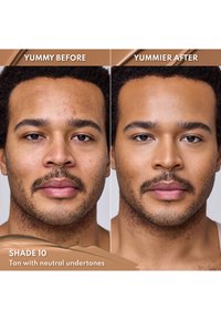 Før-og-etter sammenligning av et ansikt. Venstre viser ujevnheter; høyre har jevn hudtone og glatt tekstur, merket "SKYGGE 10."