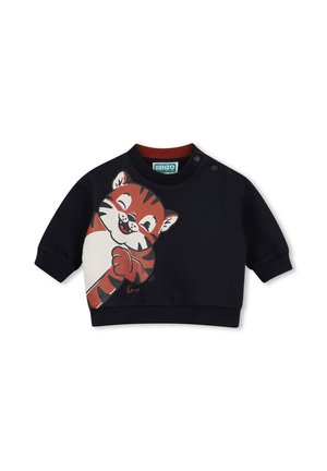 Sweat-shirt bébé noir à manches longues avec poignets et col côtelés, avec un motif tigre souriant dessin animé sur le devant à gauche.