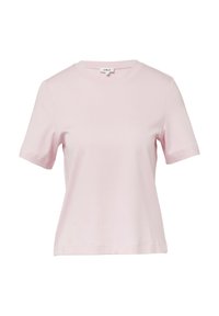 Rosa Baumwoll-T-Shirt mit rundem Ausschnitt, kurzen Ärmeln und glatter Textur. Verfügt über ein einfaches Design ohne sichtbare Muster.