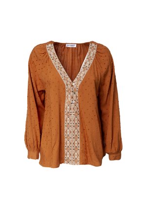 Blouse couleur rouille avec un col en V, tissu texturé, manches bouffantes et broderie blanche décorative sur le devant et autour de l'encolure.