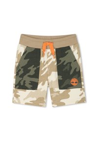 Pantaloni corti mimetici in tonalità beige e verde. Presentano una vita a coste, un cordoncino arancione e un logo distintivo sulla tasca.