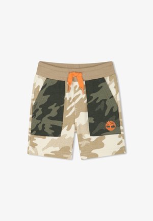 Pantaloni corti mimetici in tonalità beige e verde. Presentano una vita a coste, un cordoncino arancione e un logo distintivo sulla tasca.