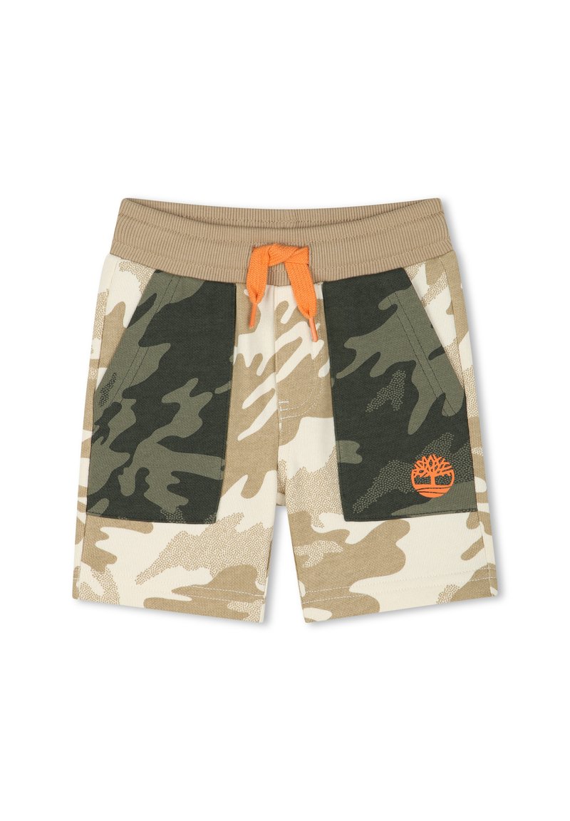 Pantaloni corti mimetici in tonalità beige e verde. Presentano una vita a coste, un cordoncino arancione e un logo distintivo sulla tasca.